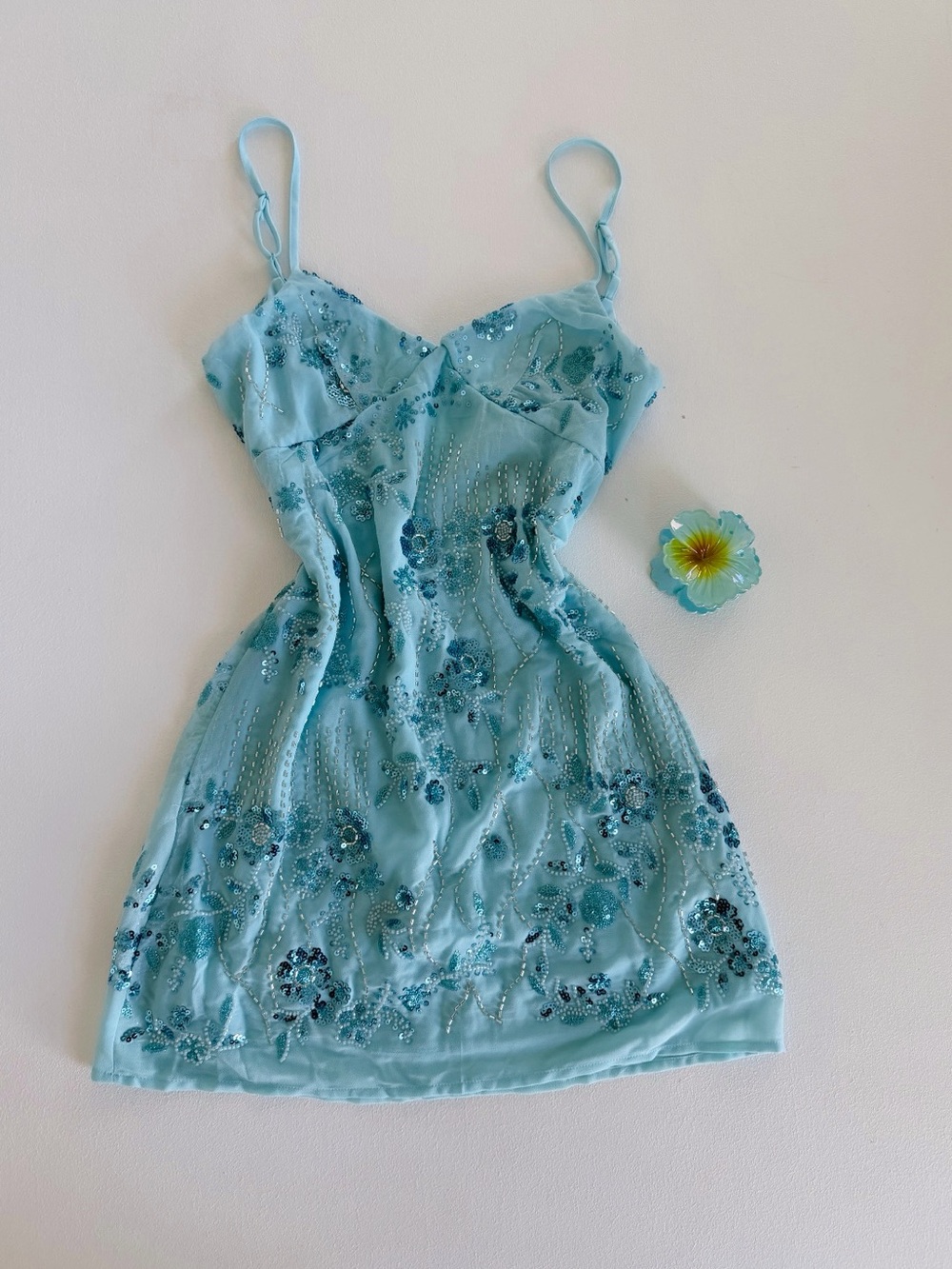 Beaded Aqua Spaghetti Strap Mini Dress